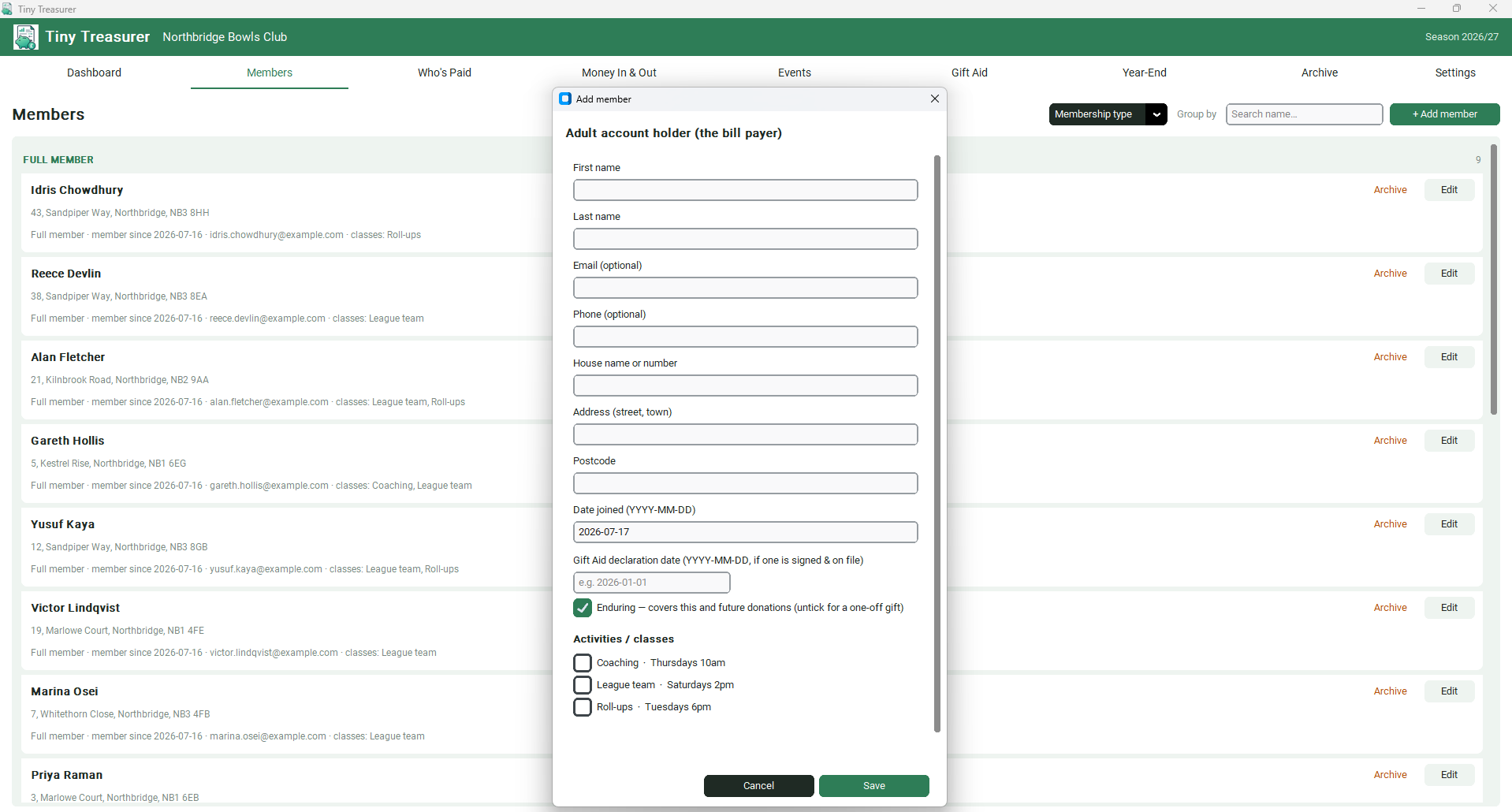 Add member form over the members list