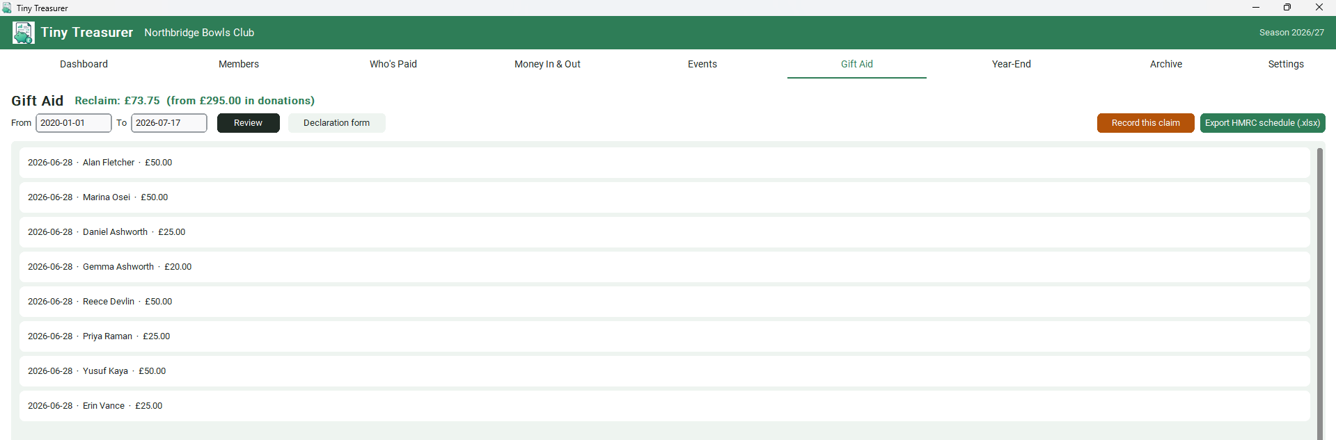 Gift Aid screen showing eligible donations and the reclaim total