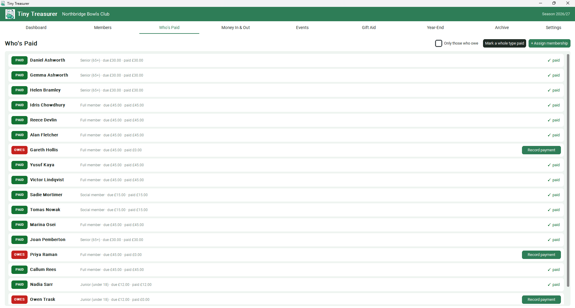 Who's Paid screen listing members with paid and owes badges